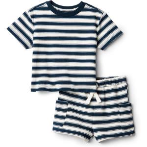 imageAmazon Essentials x Sofia Grainge Toddlers and Baby Boys Regular Fit TShirt and Short SetIvory Navy Stripe