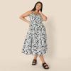 imageAmazon Essentials Womens RegularFit Cotton Sateen Smocked Bodice Midi DressBlack Ivory Folk Floral