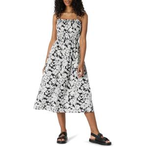 imageAmazon Essentials Womens RegularFit Cotton Sateen Smocked Bodice Midi DressBlack Ivory Folk Floral
