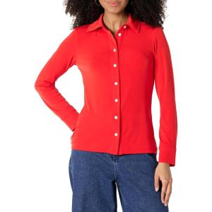 imageAmazon Essentials Womens RegularFit Matte Jersey ButtonDown ShirtBright Poppy Red