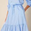 imageAmazon Essentials Womens FitandFlare Cotton Sateen Tiered Midi Skirt Top Sold SeperatelyBlue White Stripe