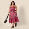 imageAmazon Essentials Womens RegularFit Cotton Sateen Empire Waist Midi Ruffle DressHot Pink Red Leafy Floral