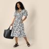 imageAmazon Essentials Womens RegularFit Cotton Sateen Puff Sleeve Midi DressBlack Ivory Folk Floral