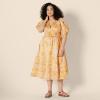 imageAmazon Essentials Womens RegularFit Cotton Sateen Puff Sleeve Midi DressGolden Yellow Beige Multi Folk Floral