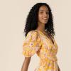 imageAmazon Essentials Womens RegularFit Cotton Sateen Puff Sleeve Midi DressGolden Yellow Beige Multi Folk Floral