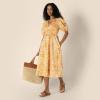 imageAmazon Essentials Womens RegularFit Cotton Sateen Puff Sleeve Midi DressGolden Yellow Beige Multi Folk Floral