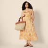 imageAmazon Essentials Womens RegularFit Empire Waisted Cotton Sateen Tiered Maxi DressGolden Yellow Beige Multi Folk Floral