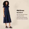imageAmazon Essentials Womens RelaxedFit Cotton Sateen Crewneck Tiered Midi DressGolden Yellow Beige Multi Folk Floral
