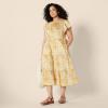 imageAmazon Essentials Womens RelaxedFit Cotton Sateen Crewneck Tiered Midi DressGolden Yellow Beige Multi Folk Floral