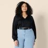 imageAmazon Essentials Womens RelaxedFit RuffleNeck Cotton Sateen LongSleeve Blouse Skirt Sold SeperatelyBlack