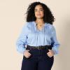 imageAmazon Essentials Womens RelaxedFit RuffleNeck Cotton Sateen LongSleeve Blouse Skirt Sold SeperatelyBlue White Stripe