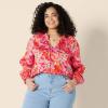 imageAmazon Essentials Womens RelaxedFit RuffleNeck Cotton Sateen LongSleeve Blouse Skirt Sold SeperatelyBright Poppy Red Multi Folk Floral