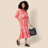 imageAmazon Essentials Womens RelaxedFit RuffleNeck Cotton Sateen LongSleeve Blouse Skirt Sold SeperatelyBright Poppy Red Multi Folk Floral