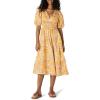 imageAmazon Essentials Womens RegularFit Cotton Sateen Puff Sleeve Midi DressGolden Yellow Beige Multi Folk Floral