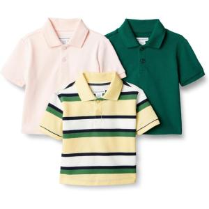 imageAmazon Essentials Toddlers and Baby Boys Cotton Spandex Polo Shirt Pack of 3Dark GreenPale PinkBlock Stripe