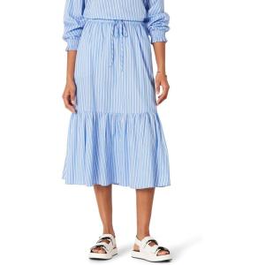 imageAmazon Essentials Womens FitandFlare Cotton Sateen Tiered Midi Skirt Top Sold SeperatelyBlue White Stripe