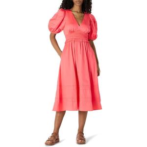 imageAmazon Essentials Womens RegularFit Cotton Sateen Puff Sleeve Midi DressCoral Pink