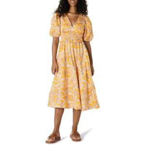 imageAmazon Essentials Womens RegularFit Cotton Sateen Puff Sleeve Midi DressGolden Yellow Beige Multi Folk Floral
