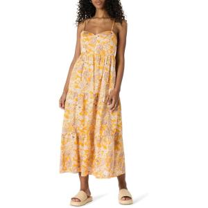 imageAmazon Essentials Womens RegularFit Empire Waisted Cotton Sateen Tiered Maxi DressGolden Yellow Beige Multi Folk Floral