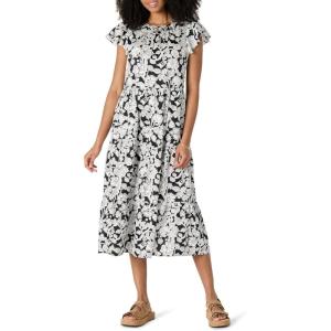 imageAmazon Essentials Womens RelaxedFit Cotton Sateen Crewneck Tiered Midi DressBlack Ivory Folk Floral
