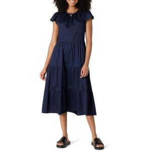 imageAmazon Essentials Womens RelaxedFit Cotton Sateen Crewneck Tiered Midi DressNavy