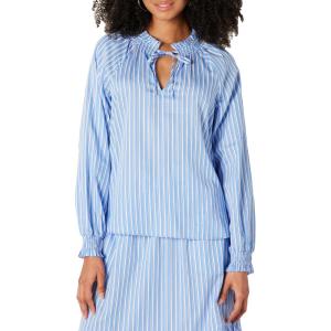 imageAmazon Essentials Womens RelaxedFit RuffleNeck Cotton Sateen LongSleeve Blouse Skirt Sold SeperatelyBlue White Stripe