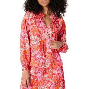 imageAmazon Essentials Womens RelaxedFit RuffleNeck Cotton Sateen LongSleeve Blouse Skirt Sold SeperatelyBright Poppy Red Multi Folk Floral