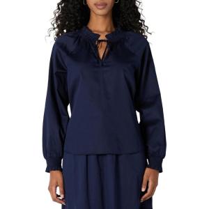 imageAmazon Essentials Womens RelaxedFit RuffleNeck Cotton Sateen LongSleeve Blouse Skirt Sold SeperatelyNavy