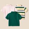 imageAmazon Essentials Boys and Toddlers Cotton Spandex Pique Polo Shirt Pack of 3Dark GreenPale PinkBlock Stripe