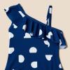 imageAmazon Essentials Girls and Toddlers Asymmetric Frill OnePiece SwimsuitDeep Blue Ivory Abstract Dots