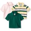 imageAmazon Essentials Boys and Toddlers Cotton Spandex Pique Polo Shirt Pack of 3Dark GreenPale PinkBlock Stripe