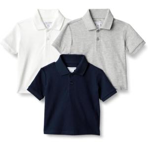 imageAmazon Essentials Boys and Toddlers Cotton Spandex Pique Polo Shirt Pack of 3Light Grey HeatherNavyWhite