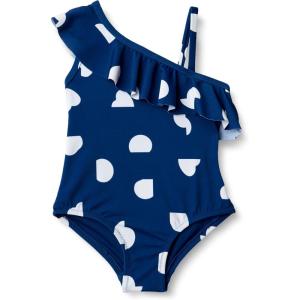 imageAmazon Essentials Girls and Toddlers Asymmetric Frill OnePiece SwimsuitDeep Blue Ivory Abstract Dots