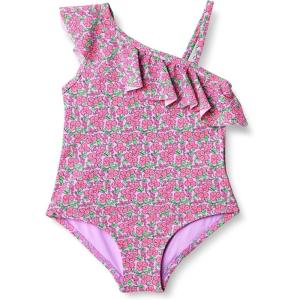 imageAmazon Essentials Girls and Toddlers Asymmetric Frill OnePiece SwimsuitLilac Hot Pink Posey Floral