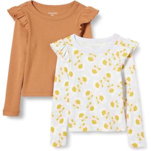 imageAmazon Essentials Girls and Toddlers Long Sleeve Ruffle TShirt Pack of 2Light CaramelGraphic Flower