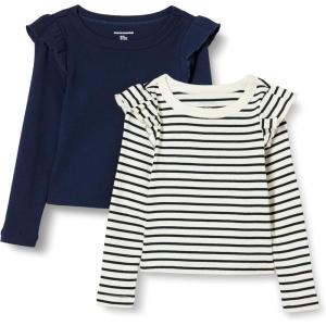 imageAmazon Essentials Girls and Toddlers Long Sleeve Ruffle TShirt Pack of 2NavyFrench Stripe