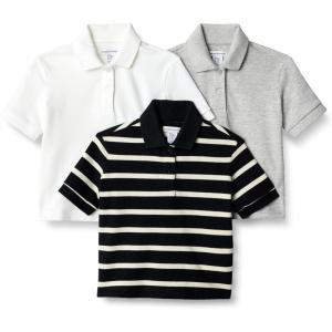 imageAmazon Essentials Toddlers and Baby Girls Cotton Spandex Polo Shirt Pack of 3Light Grey HeatherWhiteStripe