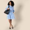imageAmazon Essentials Womens RegularFit Cotton Sateen Tiered Shirt DressBlue White Stripe