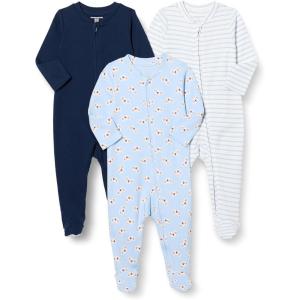 imageAmazon Essentials Unisex Babies Footed Sleep and Play Pack of 3NavyStripeKoala