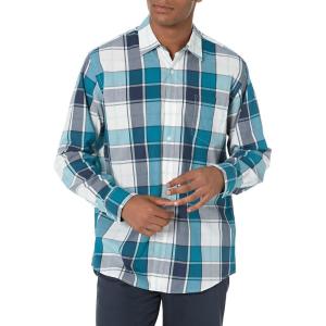 imageAmazon Essentials Mens RegularFit LongSleeve Casual Poplin ShirtTeal Blue Navy Large Plaid