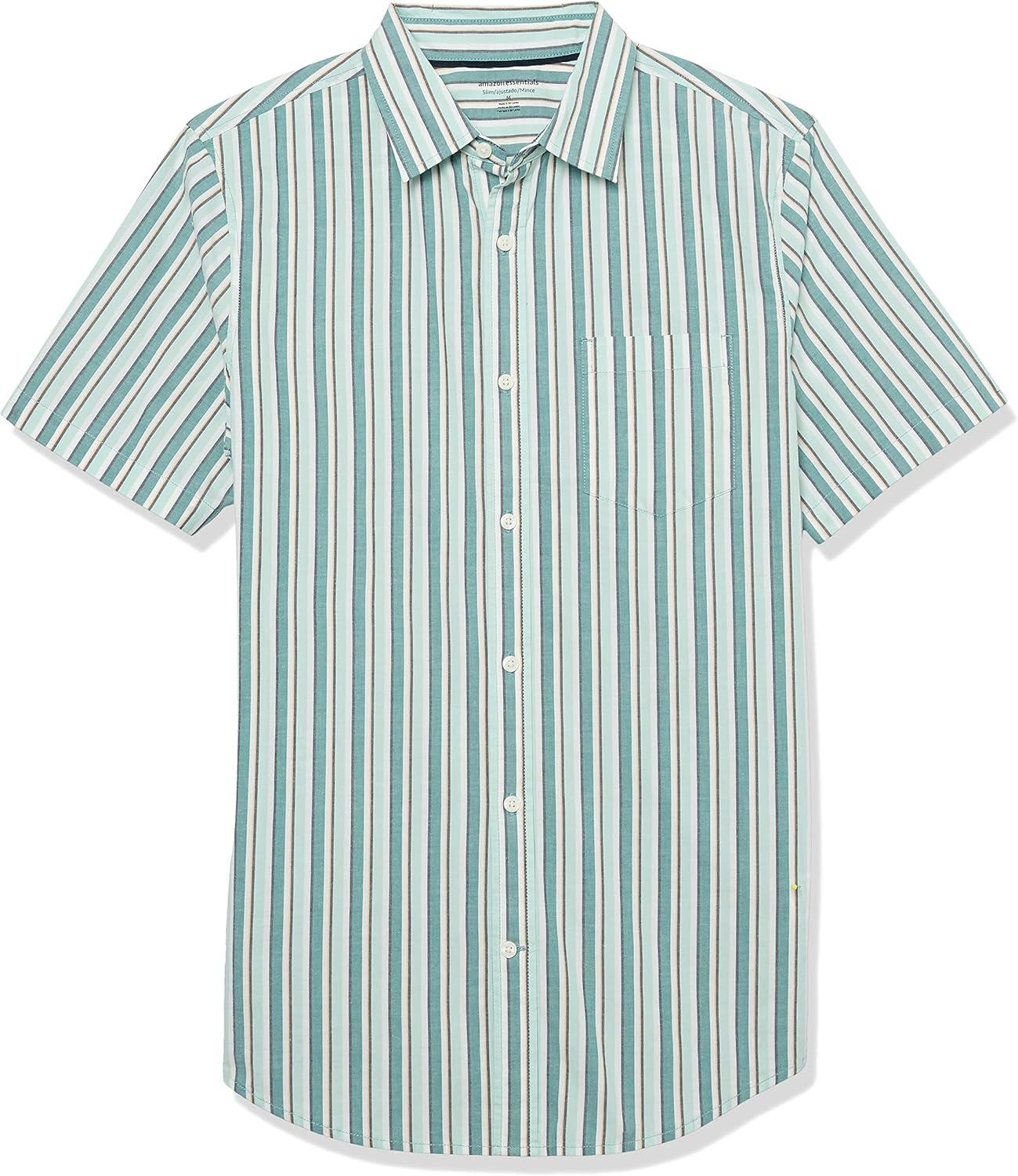 imageAmazon Essentials Mens SlimFit ShortSleeve Poplin ShirtAqua Blue White Vertical Stripe