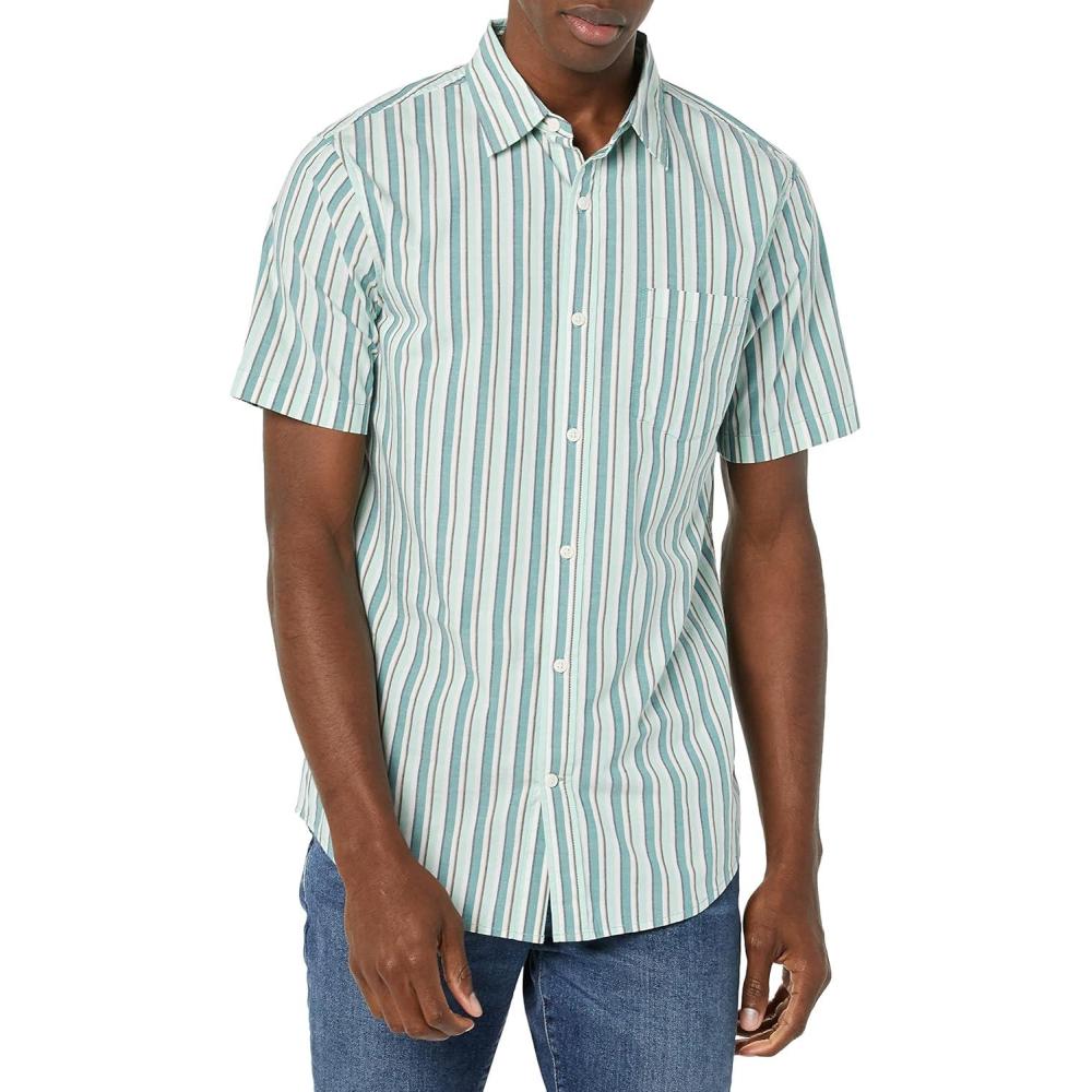 imageAmazon Essentials Mens SlimFit ShortSleeve Poplin ShirtAqua Blue White Vertical Stripe