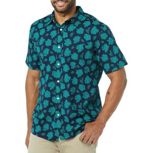 imageAmazon Essentials Mens SlimFit ShortSleeve Poplin ShirtNavy Teal Green Palm Leaf Print