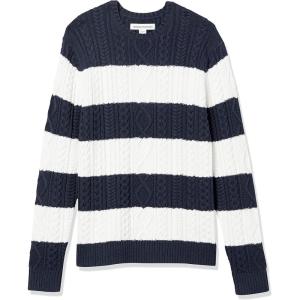 imageAmazon Essentials Mens LongSleeve 100 Cotton Fisherman Cable Crewneck SweaterNavy White Rugby Stripe