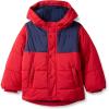 imageAmazon Essentials Babies Toddlers and Boys Heavyweight Hooded Puffer JacketNavy Red Color Block