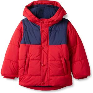 imageAmazon Essentials Babies Toddlers and Boys Heavyweight Hooded Puffer JacketNavy Red Color Block