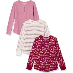 imageAmazon Essentials Girls and Toddlers LongSleeve Knit Thermal TShirt Pack of 3Burgundy MushroomPinkWhite Stripe
