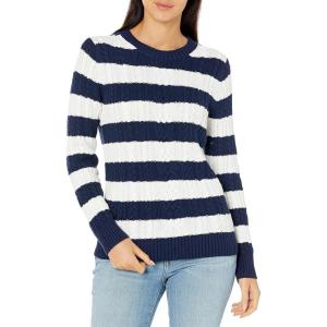imageAmazon Essentials Womens Fisherman Cable LongSleeve Crewneck Sweater Available in Plus SizeNavy White Rugby Stripe