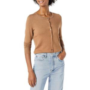 imageAmazon Essentials Womens Lightweight Crewneck Cardigan Sweater Available in Plus SizeCamel Heather