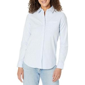imageAmazon Essentials Womens Long Sleeve Button Down Stretch Oxford Shirt Available in Plus SizeBlue White Vertical Stripe